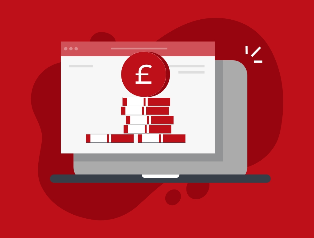 Graphic of a laptop screen showing a website with an image of cash on it