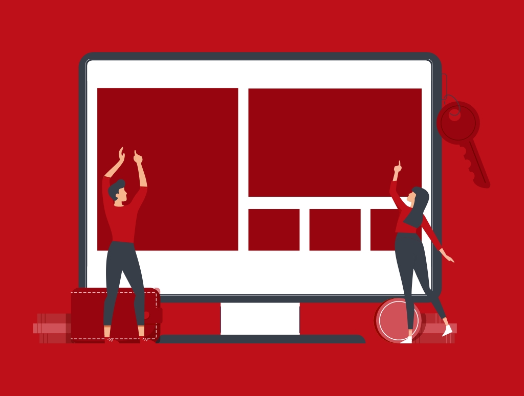 Graphic of a team building a landing page on a computer screen