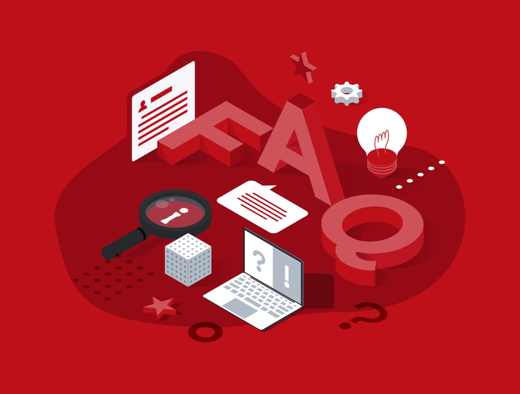 Graphic showing the word "FAQ" surrounded by icons related to information