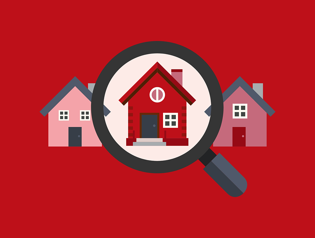 Graphic showing three houses and a magnifying glass focusing on one house