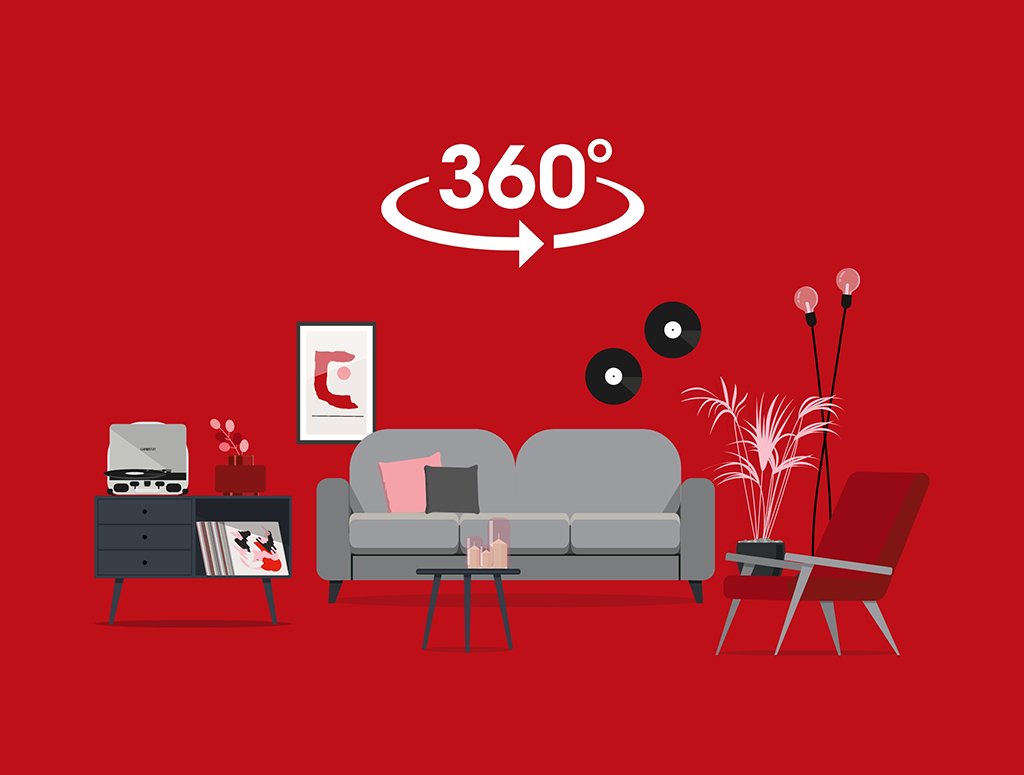 Graphic showing a living room with 360 degrees and some arrows in the air 
