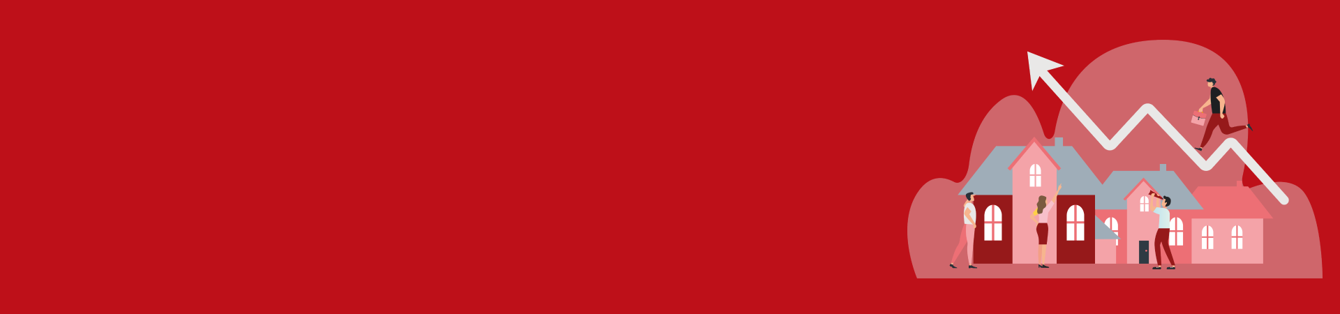 Graphic showing a man climbing upward-trending charts and people standing next to houses