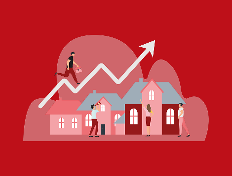 Graphic showing a man climbing upward-trending charts and people standing next to houses