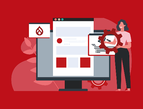 Graphic showing a woman standing beside a website built with Drupal